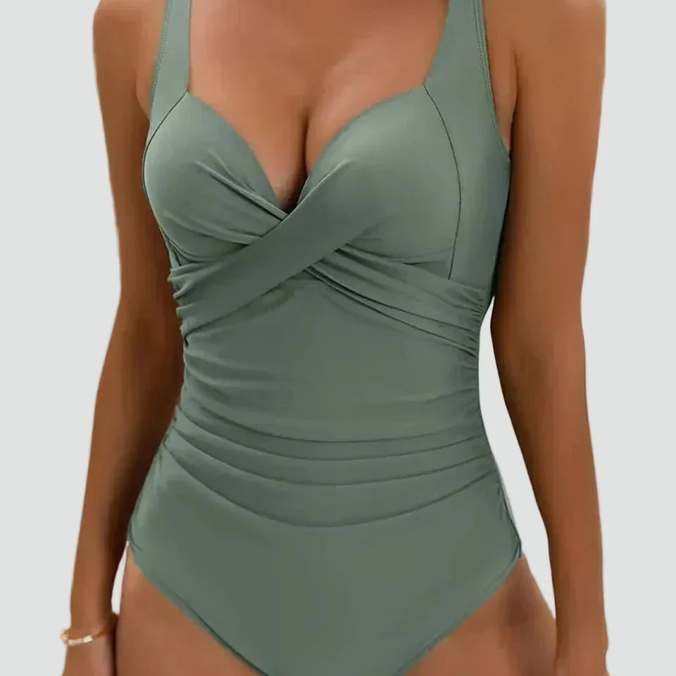 Olive green ruched one-piece swimsuit