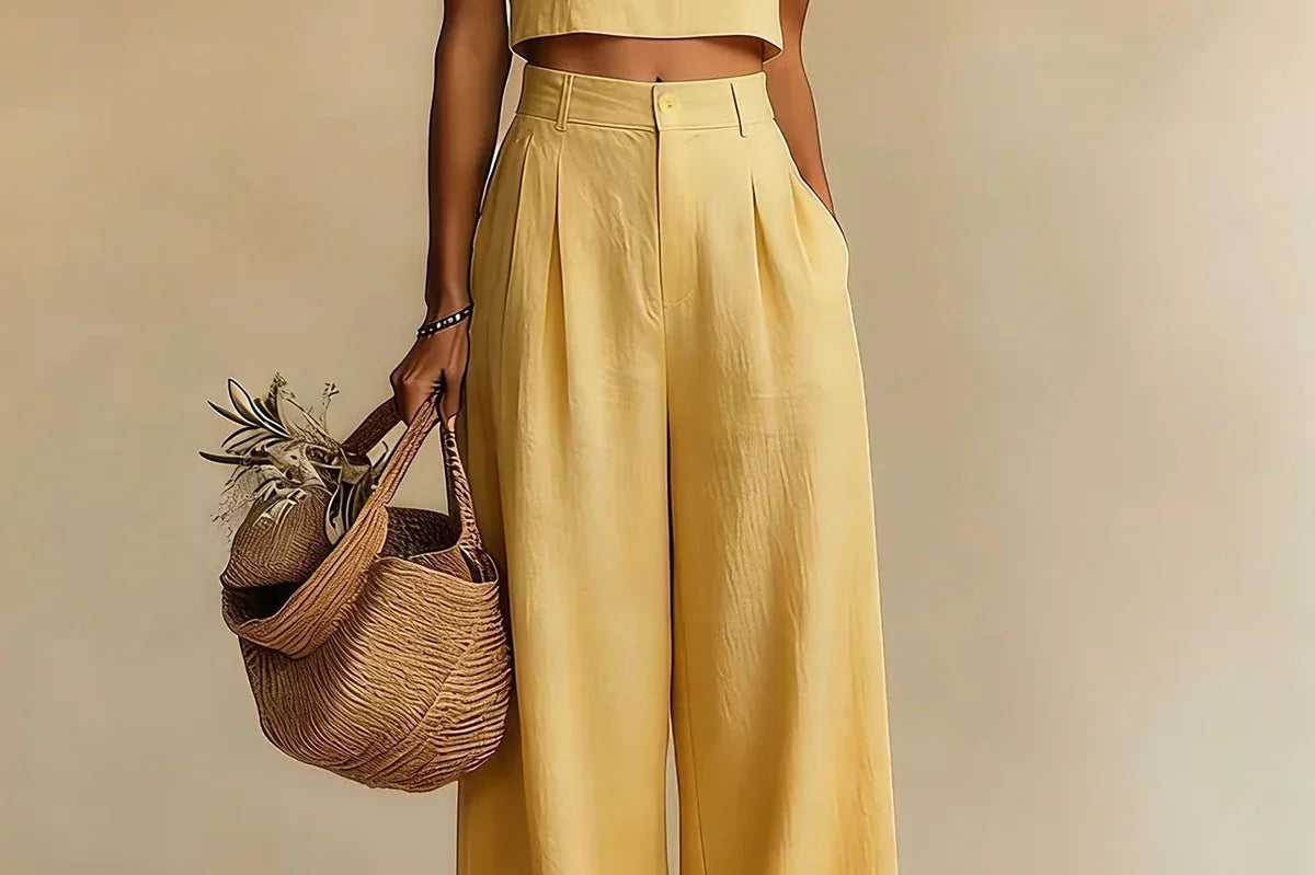 Mairead - Women's Elegant Top and Palazzo Pants Set - Yellow