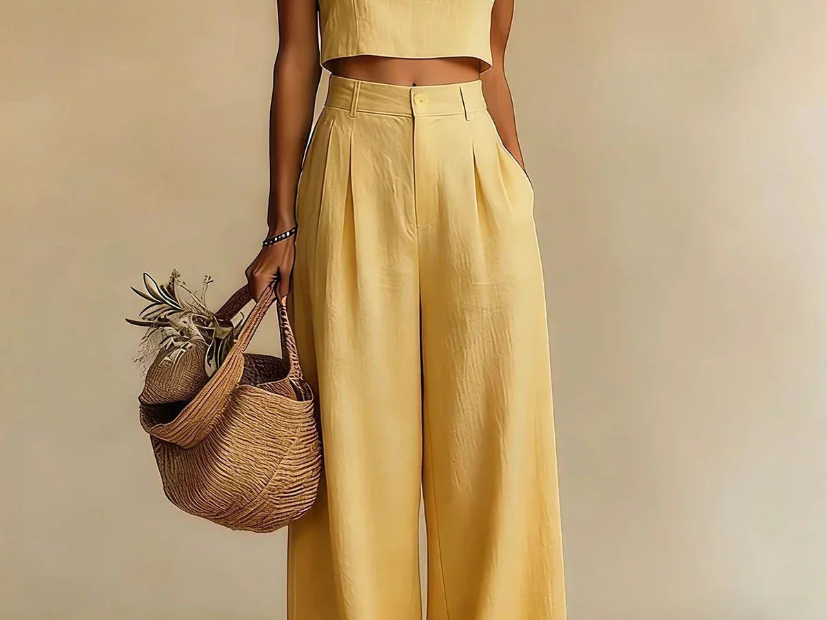 Mairead - Women's Elegant Top and Palazzo Pants Set - Yellow