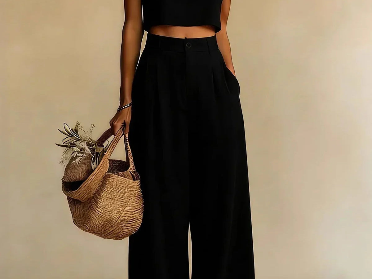 Mairead - Women's Elegant Top and Palazzo Pants Set - Black