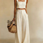Mairead - Women's Elegant Top and Palazzo Pants Set - Beige