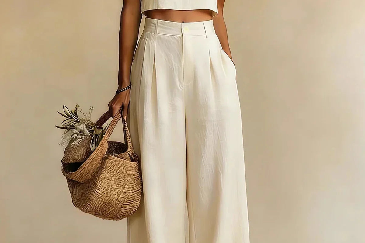 Mairead - Women's Elegant Top and Palazzo Pants Set - Beige