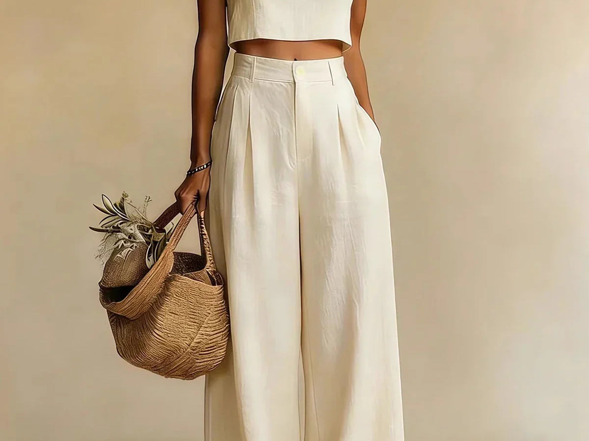 Mairead - Women's Elegant Top and Palazzo Pants Set - Beige