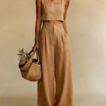 Mairead - Women's Elegant Top and Palazzo Pants Set - Brown