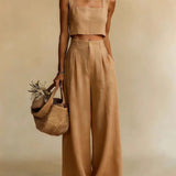 Mairead - Women's Elegant Top and Palazzo Pants Set - Brown