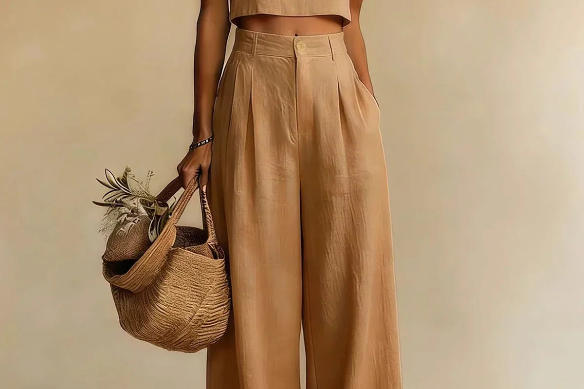 Mairead - Women's Elegant Top and Palazzo Pants Set - Brown