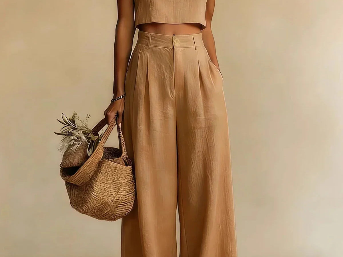 Mairead - Women's Elegant Top and Palazzo Pants Set - Brown