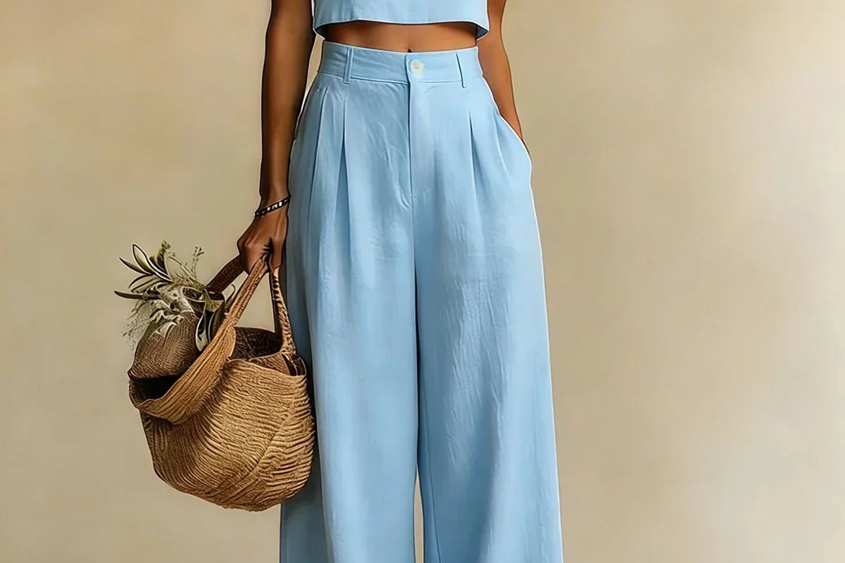 Mairead - Women's Elegant Top and Palazzo Pants Set - Blue