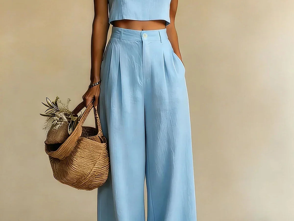 Mairead - Women's Elegant Top and Palazzo Pants Set - Blue