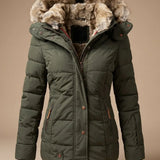 Majken - Women's Quilted Puffer Coat with Faux Fur Hood - Green