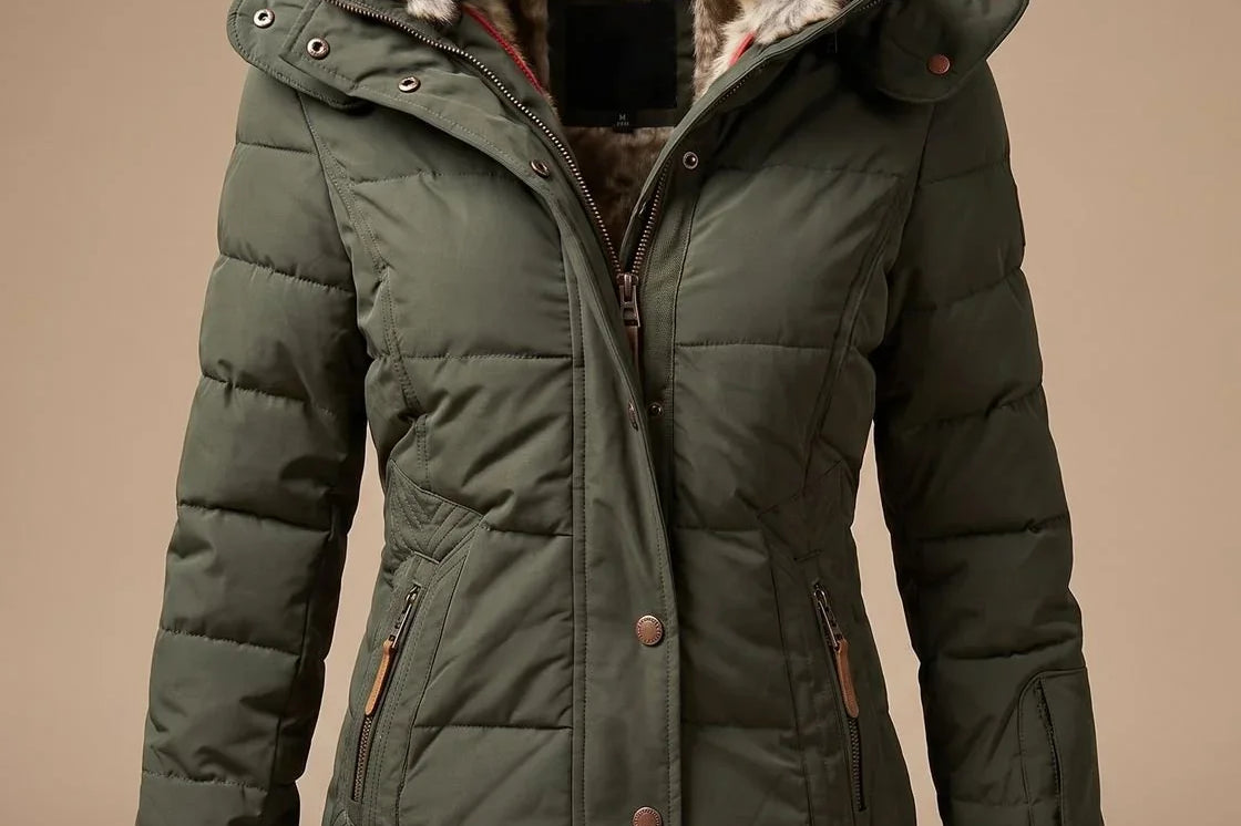 Majken - Women's Quilted Puffer Coat with Faux Fur Hood - Green