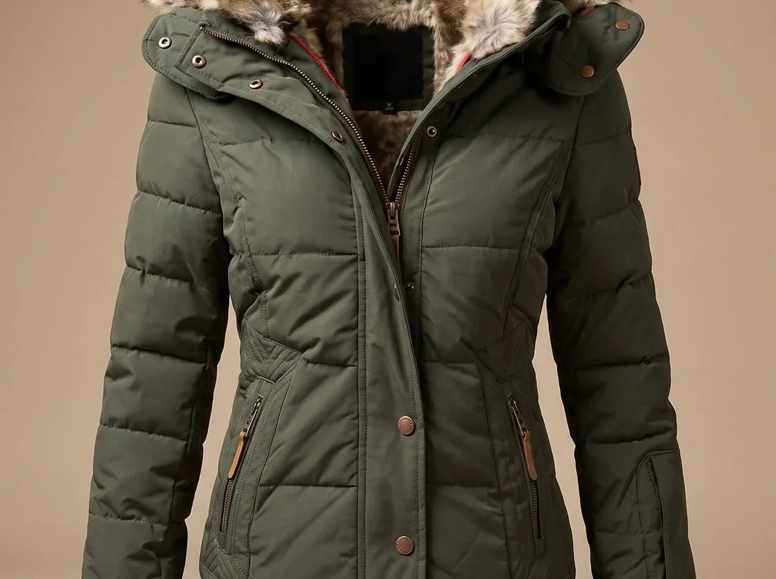 Majken - Women's Quilted Puffer Coat with Faux Fur Hood - Green