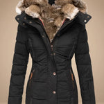 Majken - Women's Quilted Puffer Coat with Faux Fur Hood - Black
