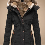 Majken - Women's Quilted Puffer Coat with Faux Fur Hood - Black