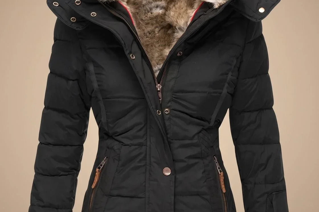 Majken - Women's Quilted Puffer Coat with Faux Fur Hood - Black