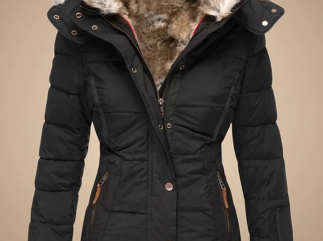 Majken - Women's Quilted Puffer Coat with Faux Fur Hood - Black