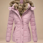 Majken - Women's Quilted Puffer Coat with Faux Fur Hood - Pink