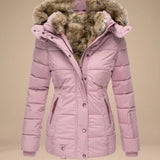 Majken - Women's Quilted Puffer Coat with Faux Fur Hood - Pink