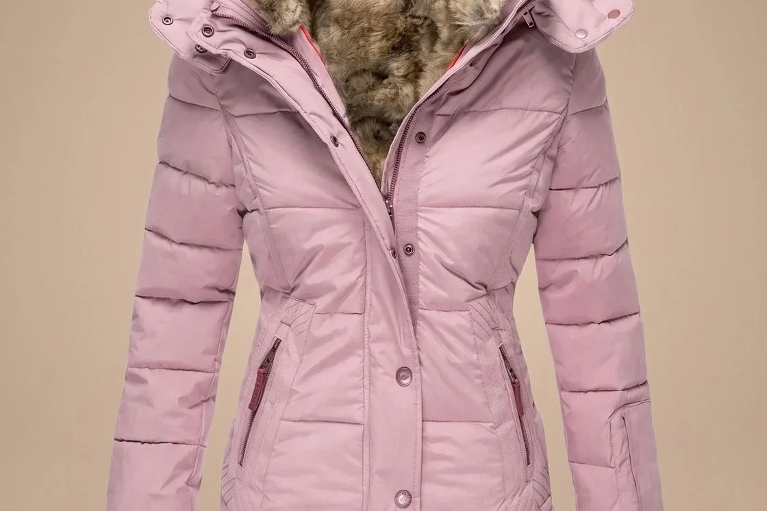 Majken - Women's Quilted Puffer Coat with Faux Fur Hood - Pink