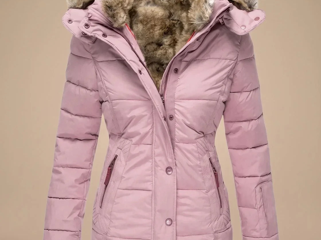 Majken - Women's Quilted Puffer Coat with Faux Fur Hood - Pink
