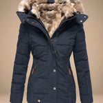 Majken - Women's Quilted Puffer Coat with Faux Fur Hood - Blue