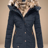 Majken - Women's Quilted Puffer Coat with Faux Fur Hood - Blue