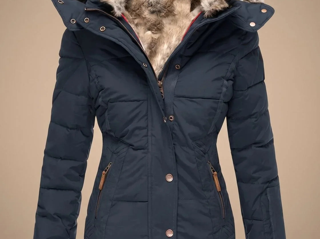 Majken - Women's Quilted Puffer Coat with Faux Fur Hood - Blue