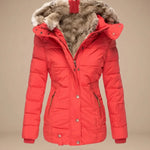 Majken - Women's Quilted Puffer Coat with Faux Fur Hood - Red