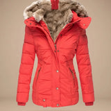 Majken - Women's Quilted Puffer Coat with Faux Fur Hood - Red