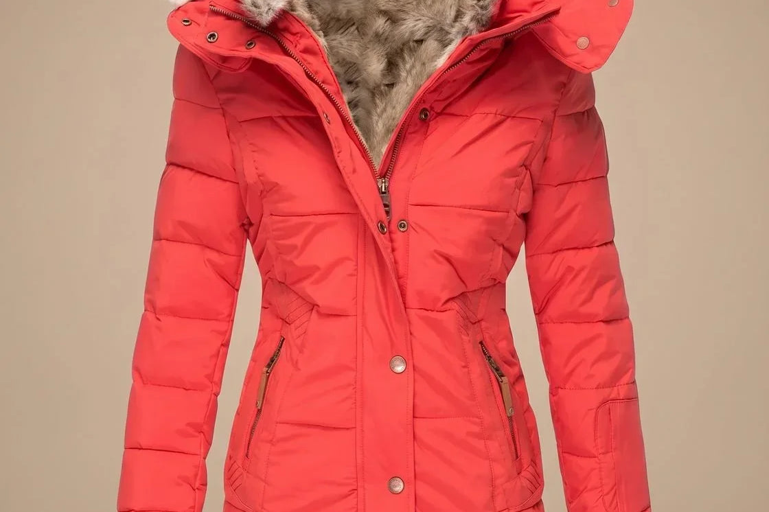 Majken - Women's Quilted Puffer Coat with Faux Fur Hood - Red