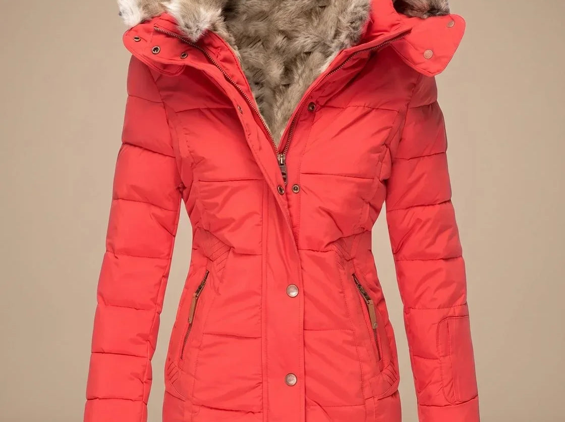 Majken - Women's Quilted Puffer Coat with Faux Fur Hood - Red