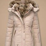 Majken - Women's Quilted Puffer Coat with Faux Fur Hood - Beige