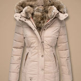 Majken - Women's Quilted Puffer Coat with Faux Fur Hood - Beige