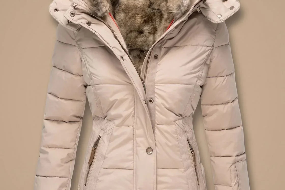 Majken - Women's Quilted Puffer Coat with Faux Fur Hood - Beige