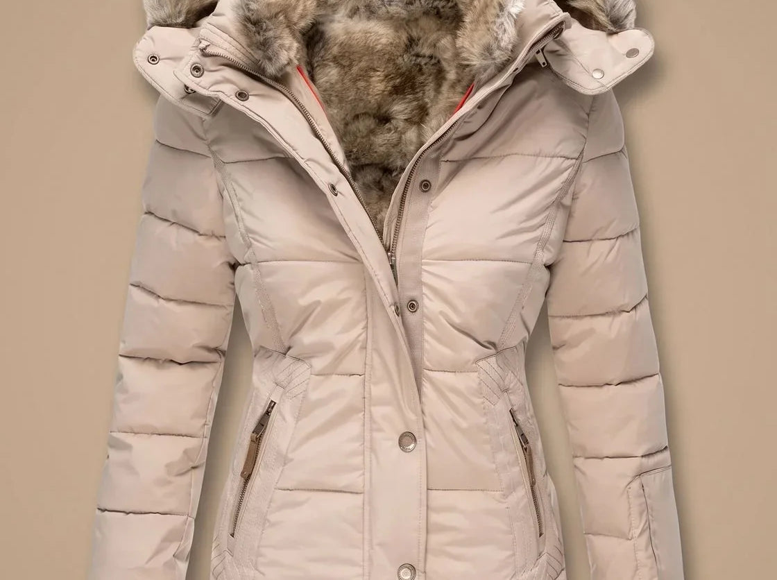 Majken - Women's Quilted Puffer Coat with Faux Fur Hood - Beige