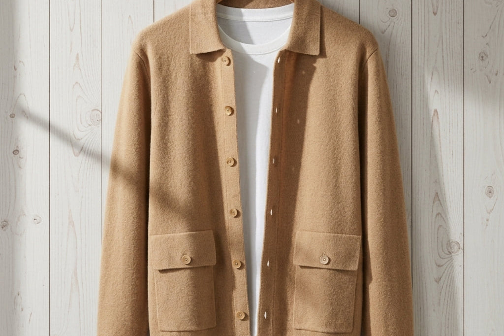 Malcolm - Men's Longline Cashmere Knit Button Jacket - Camel Tan