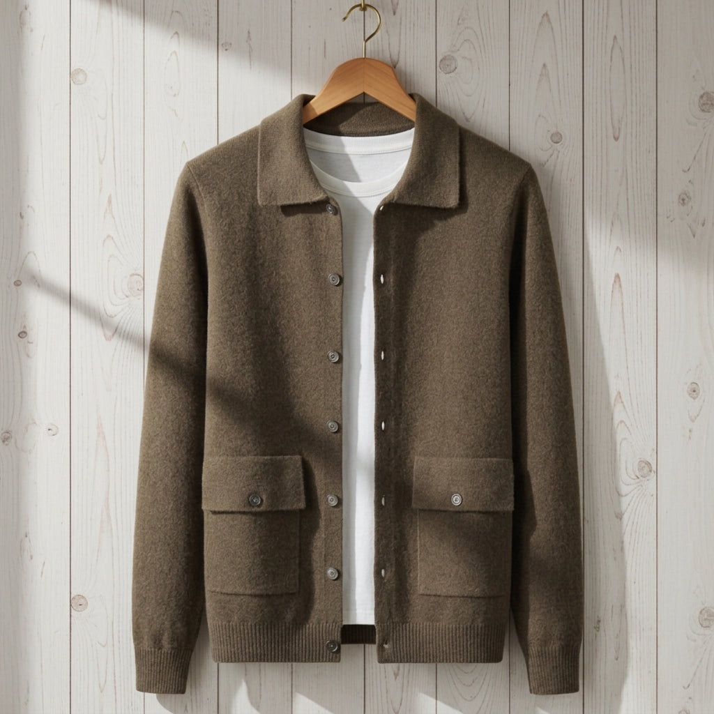 Malcolm - Men's Longline Cashmere Knit Button Jacket - Mocha Brown
