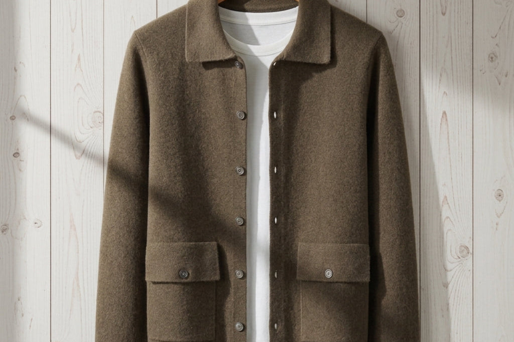 Malcolm - Men's Longline Cashmere Knit Button Jacket - Mocha Brown