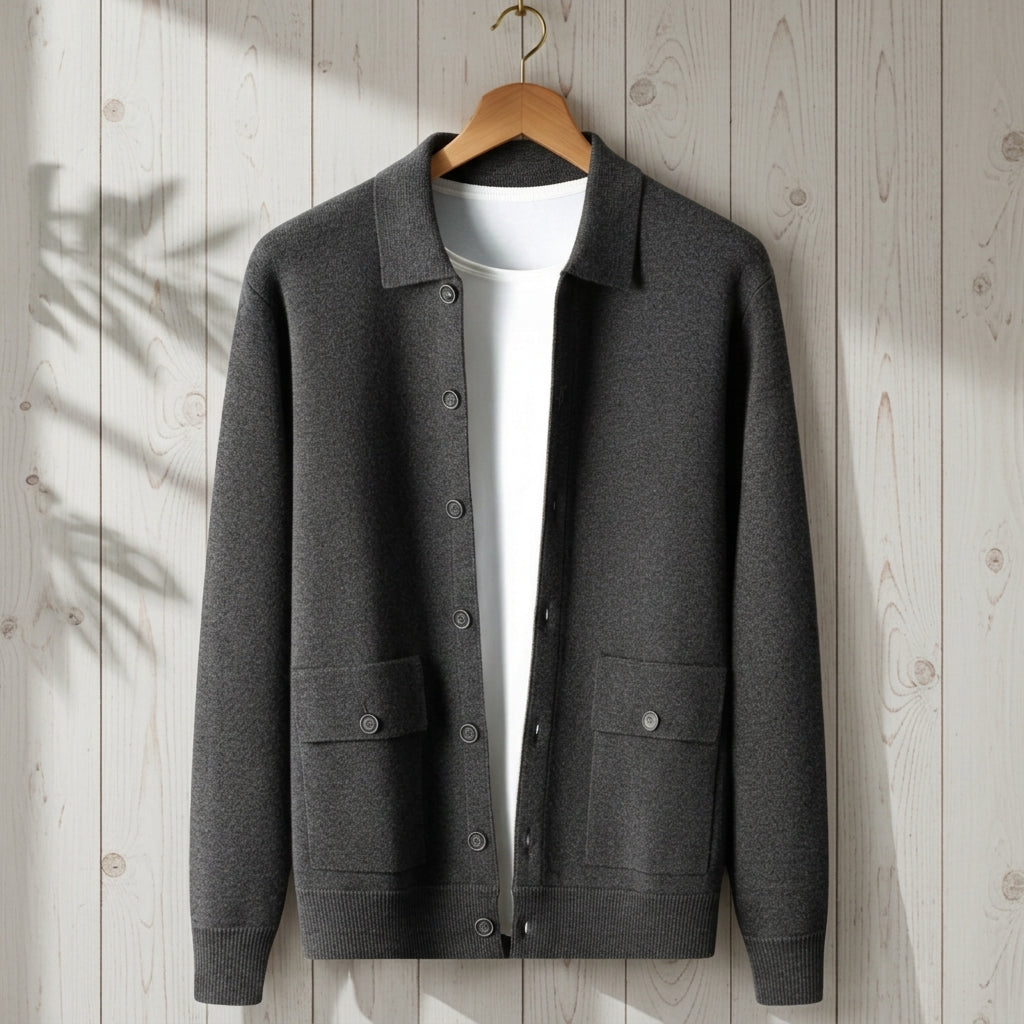 Malcolm - Men's Longline Cashmere Knit Button Jacket - Charcoal Gray
