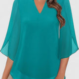 Malene - Women's V-Neck Bell Sleeve Tunic Blouse - Teal