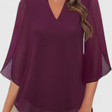 Malene - Women's V-Neck Bell Sleeve Tunic Blouse - Purple
