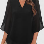 Malene - Women's V-Neck Bell Sleeve Tunic Blouse - Black
