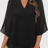 Malene - Women's V-Neck Bell Sleeve Tunic Blouse - Black