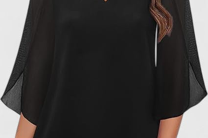 Malene - Women's V-Neck Bell Sleeve Tunic Blouse - Black