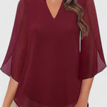Malene - Women's V-Neck Bell Sleeve Tunic Blouse - Burgundy