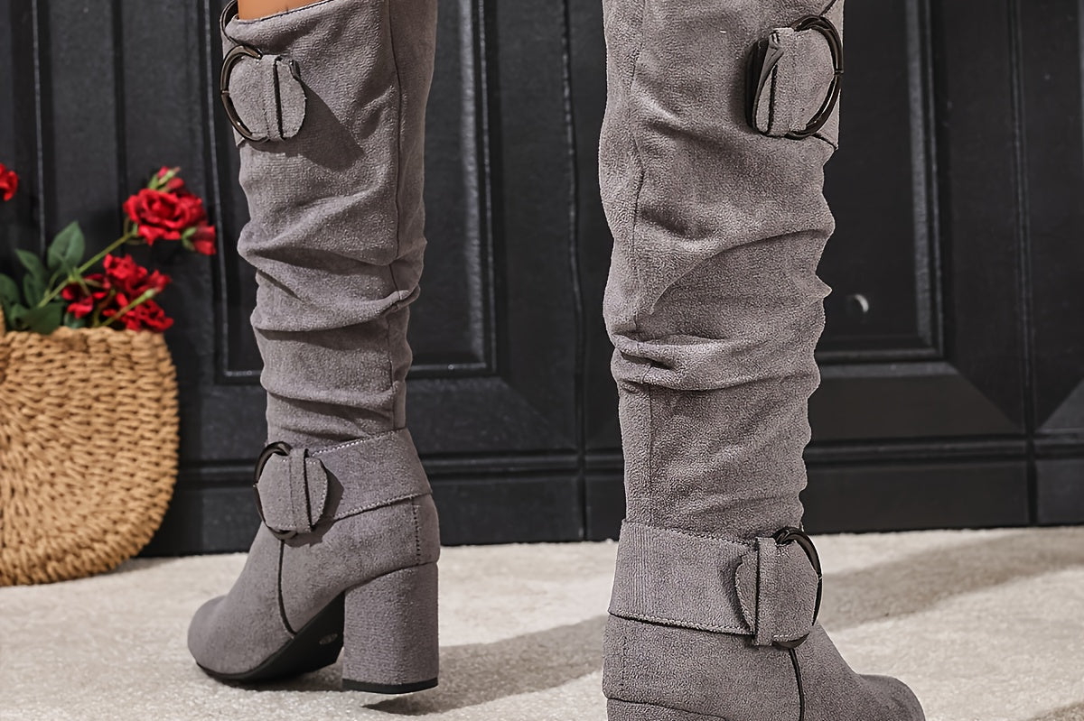Women's Double-Buckle Slouch Block Heel Boots | Ruched Statement Tall Boots