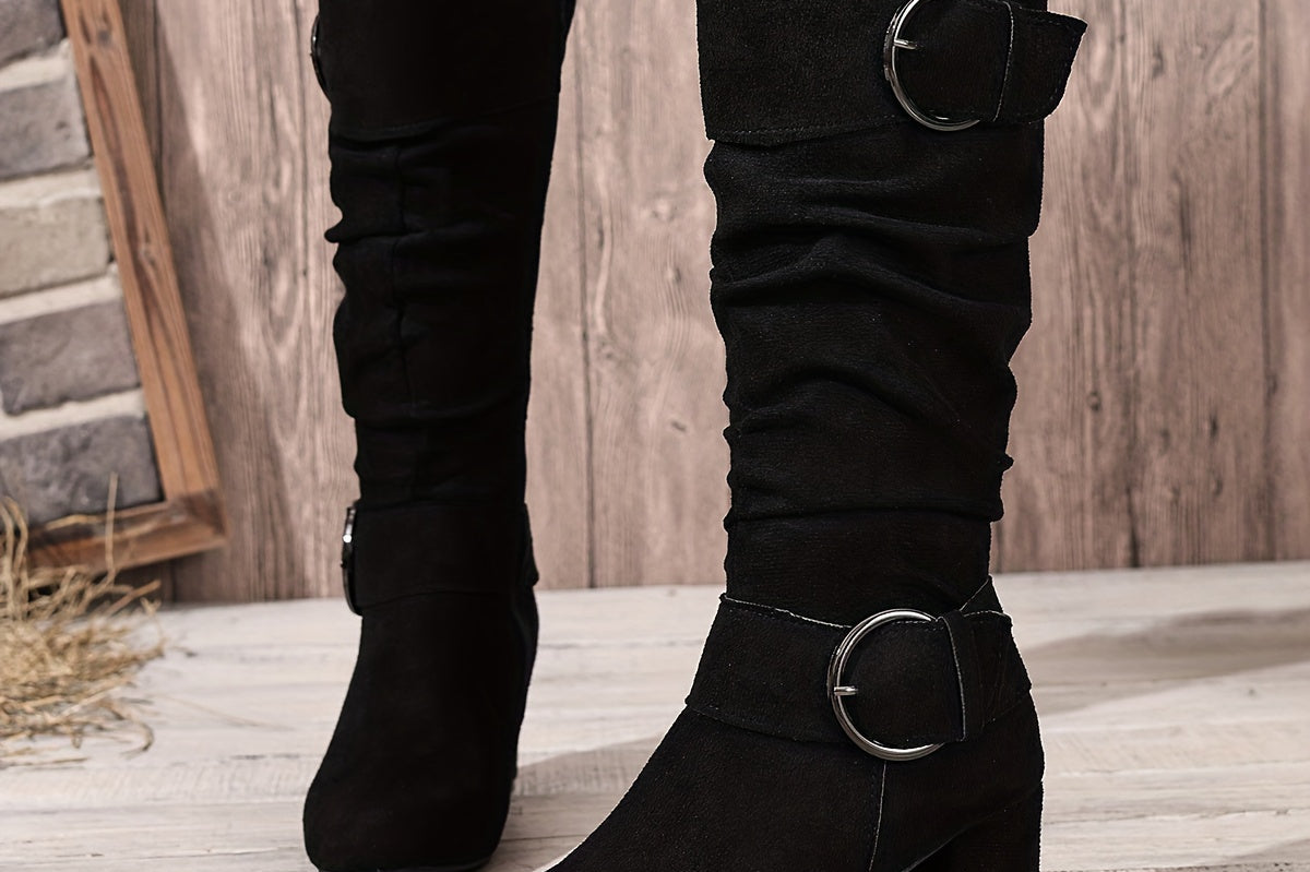 Women's Double-Buckle Slouch Block Heel Boots | Ruched Statement Tall Boots
