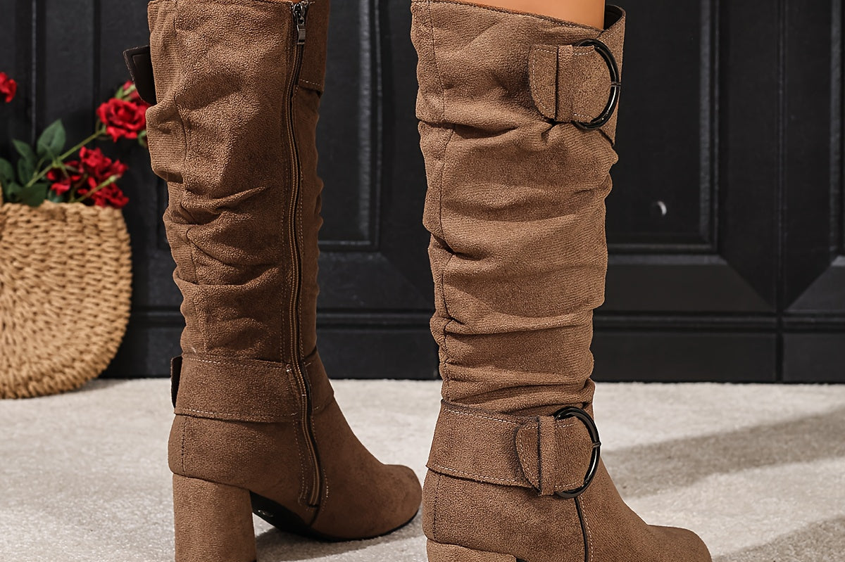 Women's Double-Buckle Slouch Block Heel Boots | Ruched Statement Tall Boots