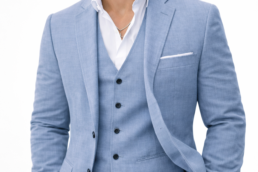 Marcus - Men's Three-Piece Linen Blend Suit with Vest - Light Blue