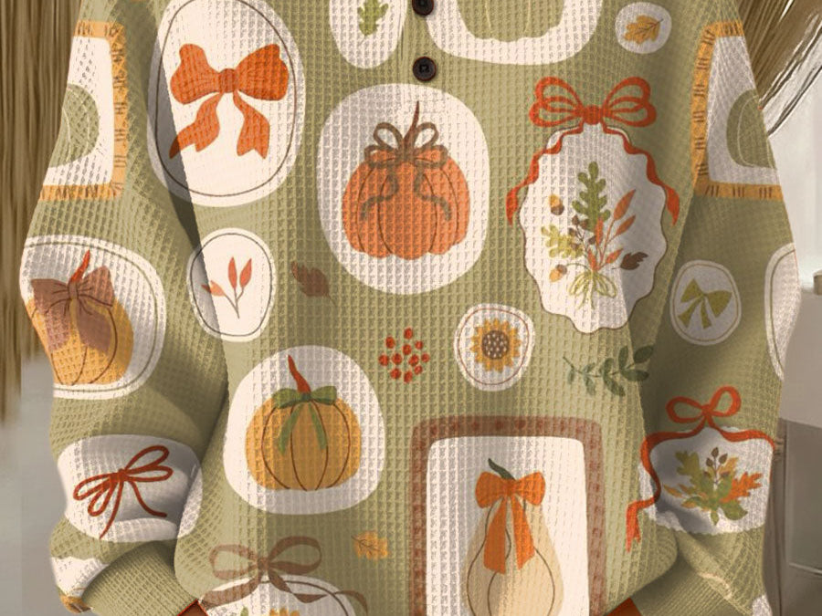 Maria - Women's Bow and Pumpkin Brushed Waffle Knit Sweater - Bow and Pumpkin Print